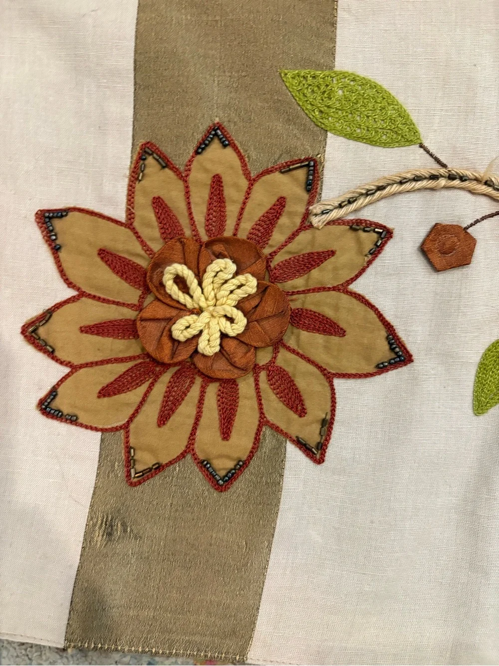 Pier 1 Striped Floral Table Runner in Brown green orange and Cream beads embroid